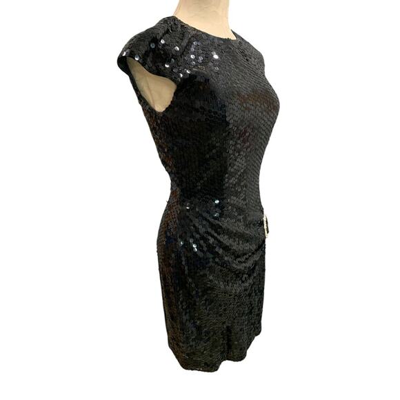 Size 6 Nite Line Vintage 1990s Black Sequin Dress Sheath Waist Drape - Picture 7 of 9
